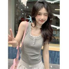 批发MR【人棉】蕾丝花边U领<b class='q'>背心</b>吊带女夏季甜辣美背修身显瘦无袖上衣