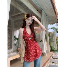 批发MR【有内里+拉链】复古碎花V领挂脖吊带背心女夏减龄气质显瘦上衣