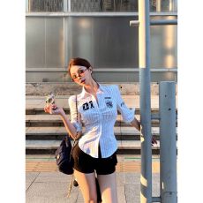 批发MR【广州面料】辣妹条纹字母刺绣<b class='q'>长袖</b><b class='q'>衬衫女</b>夏季修身显瘦收腰上衣