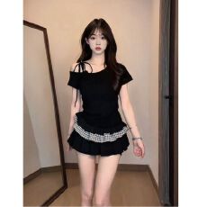 MR40支人棉拼接格子短袖t恤夏季韩系辣妹修身显瘦斜肩上衣