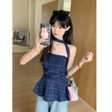 批发MR【原版色织格 有内衬】辣妹别致格子抹胸背心女<b class='q'>夏</b>收腰花边上衣