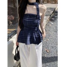 批发MR【原版色织格 有内衬】撞色辣妹格子抹胸女<b class='q'>夏</b>季荷叶边露肩上衣