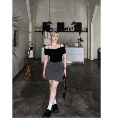 批发MR【正反两面可穿】设计感不规则一字肩<b class='q'>衬衫</b>辣妹上衣体恤女