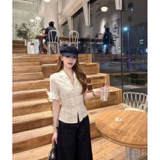 批发MR【高品质】高级感法式气质条纹短袖衬衫女夏收腰显瘦淡黄色上衣