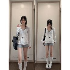 批发MR【纯棉竹节】学院风连帽拉链长袖防晒服女夏设计感显瘦开衫外套