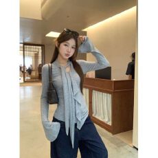批发MR【人棉】灰色飘带荷叶边长袖<b class='q'>T</b><b class='q'>恤</b>女装秋修身内搭打底衫短款上衣
