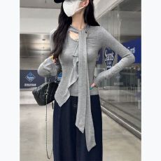 批发MR【人棉】灰色高级感长袖<b class='q'>T</b><b class='q'>恤</b>女秋时尚气质系带荷叶边百搭上衣潮