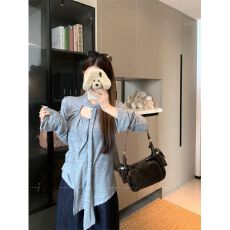 批发韩系灰色荷叶边飘带长袖<b class='q'>T</b><b class='q'>恤</b>女早秋不规则打底衫独特别致修身上衣