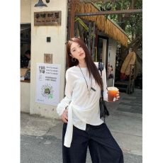 批发MR【原版面料】慵懒风白色绑带长袖T恤女秋薄款防晒衫圆领设计感