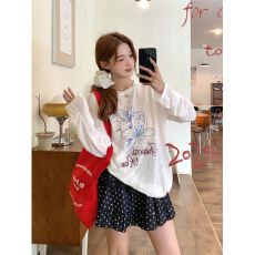 批发MR【雪花<b class='q'>亚麻</b>棉】慵懒风长袖圆领印花T恤女秋设计感百搭宽松上衣