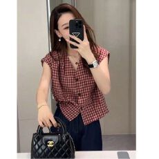 批发MR色织格复古<b class='q'>格子</b>v领无袖<b class='q'>衬衫</b>女夏季宽松拼色<b class='q'>衬衣</b>小飞袖上衣