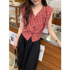 批发MR【色织格】复古气质V领<b class='q'>格子</b>背心<b class='q'>衬衫</b>女夏设计感收腰显瘦短上衣
