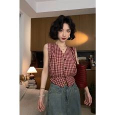 批发MR【原版色织格】法式复古<b class='q'>格子</b>无袖<b class='q'>衬衫</b>女夏季设计感宽松休闲<b class='q'>衬衣</b>