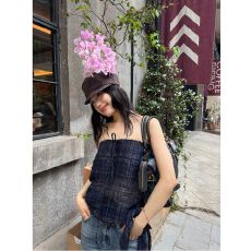 批发MR【原版格子】透感高级暗格纹质感抹胸单穿一字领上衣女