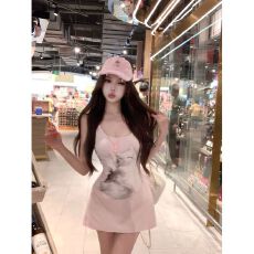 批发MR【40支精棉】粉***咪印花吊带连衣裙女夏季收腰裙<b class='q'>显瘦</b>a字短裙