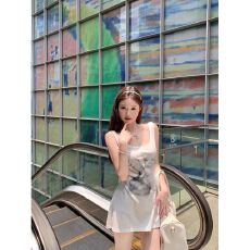 批发MR【40支精棉】白***咪印花u领吊带连衣裙女<b class='q'>夏季</b>绑带修身裙子<b class='q'>短裙</b>