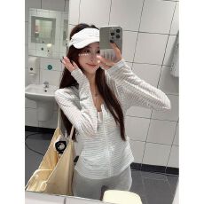 批发MR【雪花色织条】韩系薄款条纹拉链连帽长袖外套女夏修身显瘦<b class='q'>开衫</b>