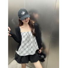 批发MR【原版做法】黑色针织<b class='q'>开衫</b>外套女夏内搭外穿格子背心吊带两件套