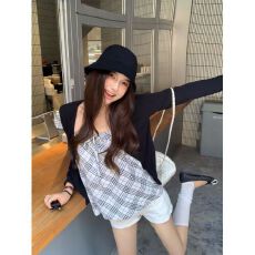 批发MR【随心裁】白色格子吊带背心女夏无袖外穿内搭小个子抹胸短上衣