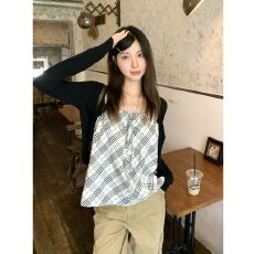 批发MR【随心裁】设计感黑色<b class='q'>针织</b><b class='q'>开衫</b>外套女秋内搭格子背心吊带两件套