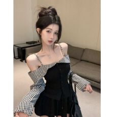 批发MR【色织格+40支精棉】假两件<b class='q'>格子</b><b class='q'>衬衫</b>女秋辣妹性感一字肩上衣