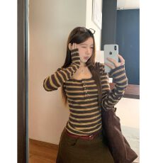 批发MR【羊绒】撞色条纹长袖<b class='q'>T</b><b class='q'>恤</b>女秋季咖色修身内搭打底衫显瘦上衣