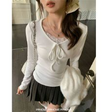 批发MR【螺纹德绒】蝴蝶结蕾丝长袖<b class='q'>T</b><b class='q'>恤</b>女纯欲内搭打底衫修身上衣