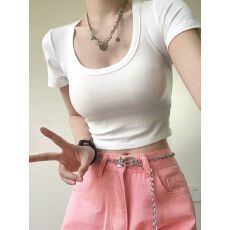 批发【现货】短款修身露脐正肩短<b class='q'>T</b>女辣妹纯欲大领口内搭上衣u领体恤