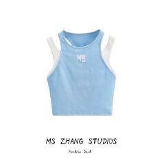 批发欧美复古撞色字母印花假两件短款<b class='q'>背心</b>女圆领修身显瘦高腰<b class='q'>露</b><b class='q'>脐</b>上衣