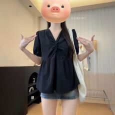 批发MR【涤锦邹】<b class='q'>大码</b>女装<b class='q'>雪纺</b>短袖衬衫夏季高级感宽松遮肚子v领上衣