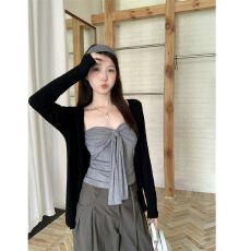 批发MR【原版做法】韩版休闲套装<b class='q'>秋</b>辣妹蝴蝶结抹胸外搭开衫上衣两件套