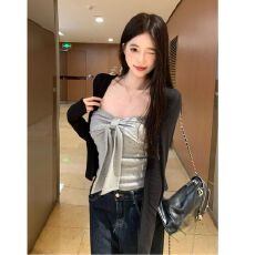 批发MR【随心裁】纯欲辣妹风蝴蝶结抹胸女<b class='q'>秋</b>季长袖防晒开衫两件套