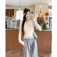 批发MR【随心裁】打底衫内搭上衣女早春小个子修身<b class='q'>上装</b>圆领假两件长袖