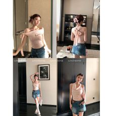 批发MR【原版蕾丝+内里】多穿法绑带弹力修身蕾丝T恤斜肩系带一字肩