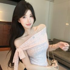 批发MR【原版蕾丝+内里】蕾丝斜肩上衣女<b class='q'>夏</b>设计感蝴蝶结系带露肩抹胸