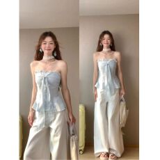 批发MR【涤锦皱】法式蝴蝶结绑带抹胸背心女<b class='q'>夏</b>收腰修身显瘦无袖上衣潮