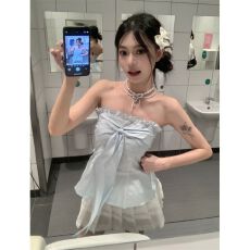 批发MR【有拉链】设计感木耳边系带抹胸背心女<b class='q'>夏</b>小众减龄收腰显瘦上衣