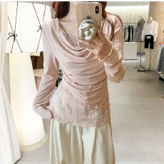 批发MR【人棉】秋季新款氛围感荡领<b class='q'>小衫</b>拼接蕾丝花边假两件叠穿上衣女