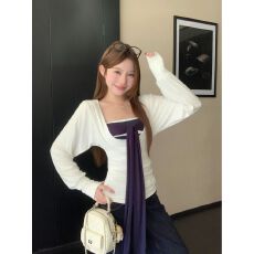 批发MR【原版品质】U领收腰长袖T恤女秋条纹绑带抹胸叠穿上衣两件套