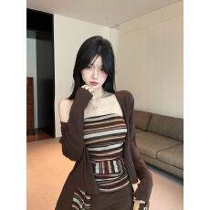 批发MR原版做法法式心机设计感撞色条纹收腰系带抹胸开衫两件套