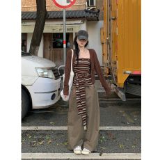 批发MR【原版做法】棕色开衫短款外套女设计感条纹抹胸背心套装秋季