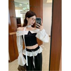 批发MR 波点拼接芭蕾风一<b class='q'>字</b>肩抹胸衬衫辣妹阔腿<b class='q'>裤</b><b class='q'>秋季</b>时尚套装女