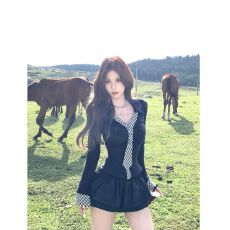 批发MR【人棉】辣妹格纹领带拼接长袖女春秋上衣<b class='q'>蓬蓬</b>花苞半身裤<b class='q'>裙套装</b>