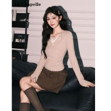 批发MR【人棉坑条磨毛】领口拼接蕾丝V领长袖针织衫女秋时尚修身上衣