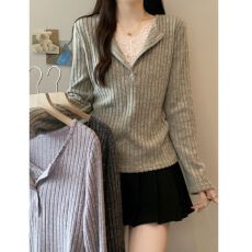 批发MR【人棉坑条磨毛】半开领蕾丝拼接长袖针织衫女秋季遮肉显瘦上衣