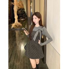 批发MR【原版做法】韩系假两件拼接蝴蝶结波点连衣裙秋收腰显瘦A字裙