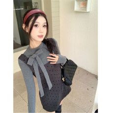 批发MR【原版做法】韩系假两件拼接蝴蝶结波点连衣裙收腰显瘦A字裙女