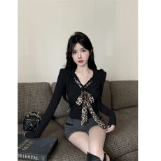 批发MR【5*4螺纹】<b class='q'>V领</b>豹纹领带拼接短长袖<b class='q'>t</b><b class='q'>恤</b>打底衫女秋辣妹连帽上衣