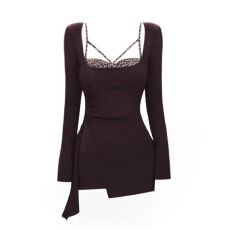 批发MR【随心裁】法式御姐豹纹假两件<b class='q'>连衣裙</b>秋长袖修身高级感气质短裙