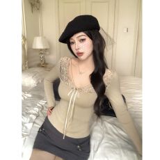 批发MR【螺纹德绒】<b class='q'>蕾丝</b>拼接v领<b class='q'>T</b><b class='q'>恤</b>女冬季修身内搭打底衫性感长袖上衣